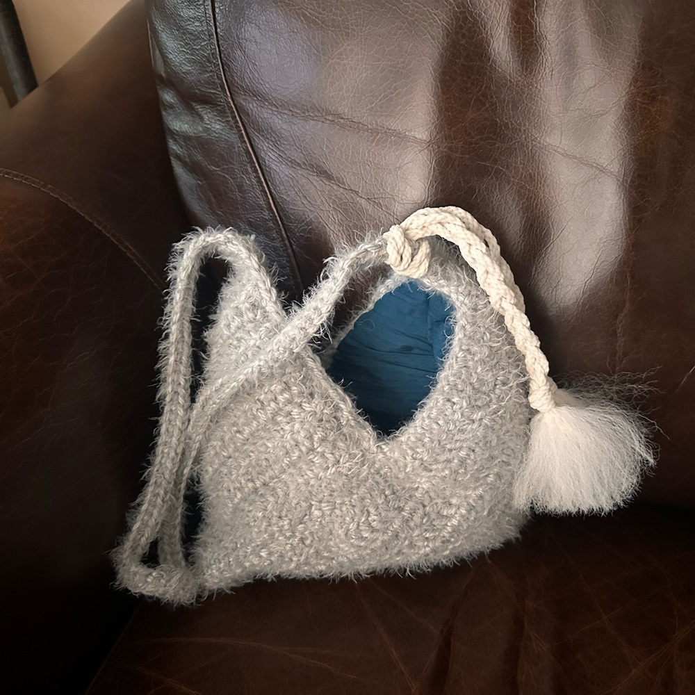 Hand crafted knit crochet boho style purse silver gray handbag